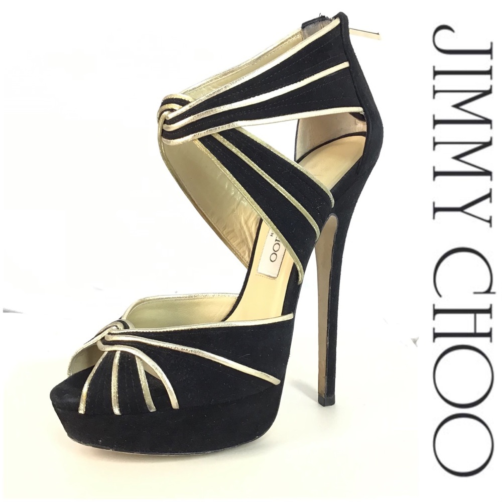 Jimmy Choo Black Suede & Gold Trim Peep Toes